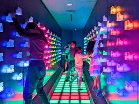 Players on a light-up climbing wall.