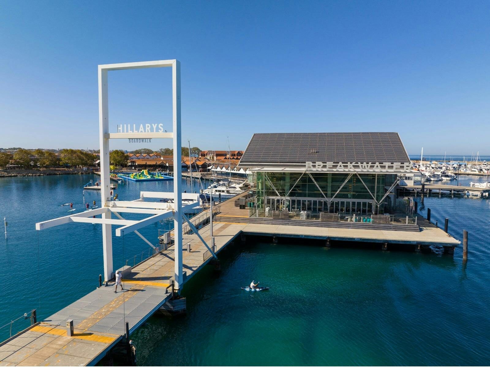 Aerial view of Hillarys Boardwalk bridge and The Breakwater Tavern