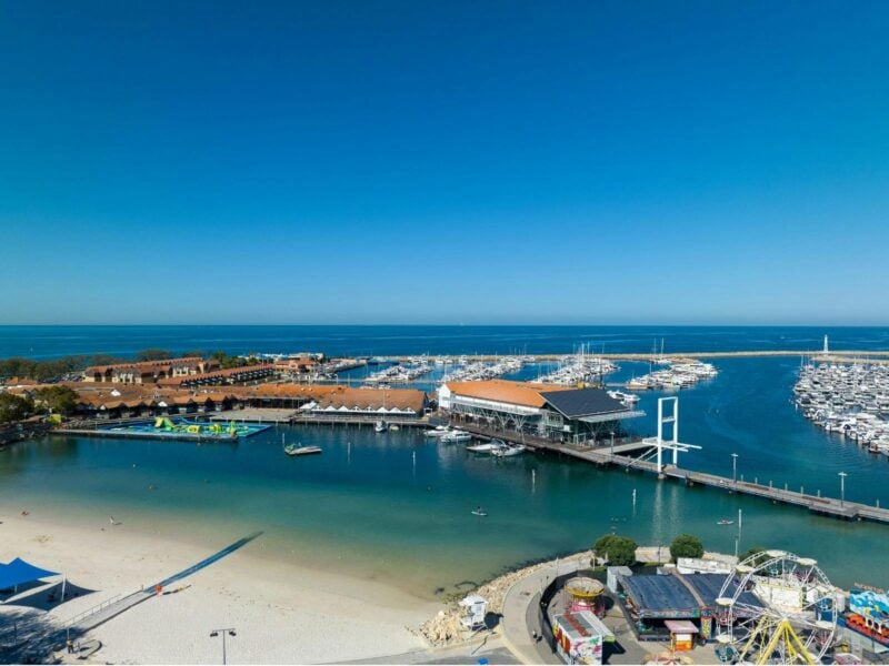 Aerial view of the Hillarys Boardwalk precinct and beach