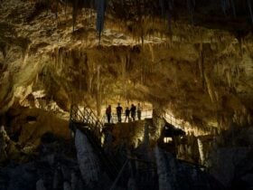 Group exploring the immense chambers at Mammoth Cave