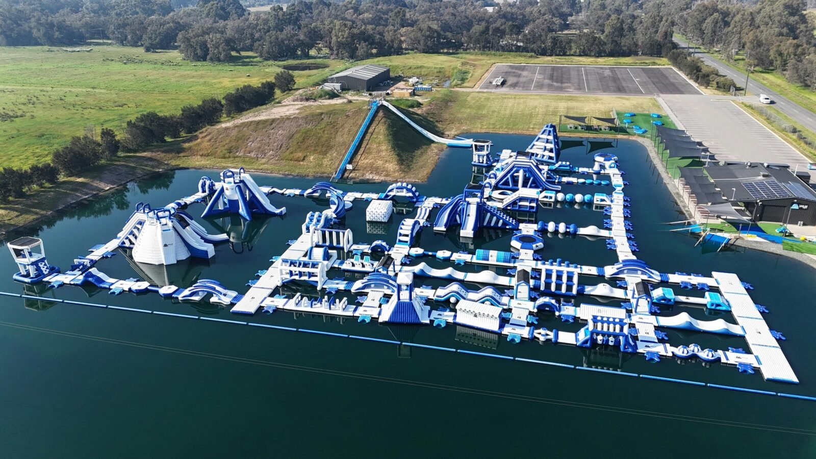 Large inflatable obstacle course on water