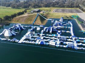 Large inflatable obstacle course on water