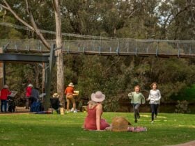 Two children running across grass towards an a seated adult underneat the Pinjarra Suspension Bridge