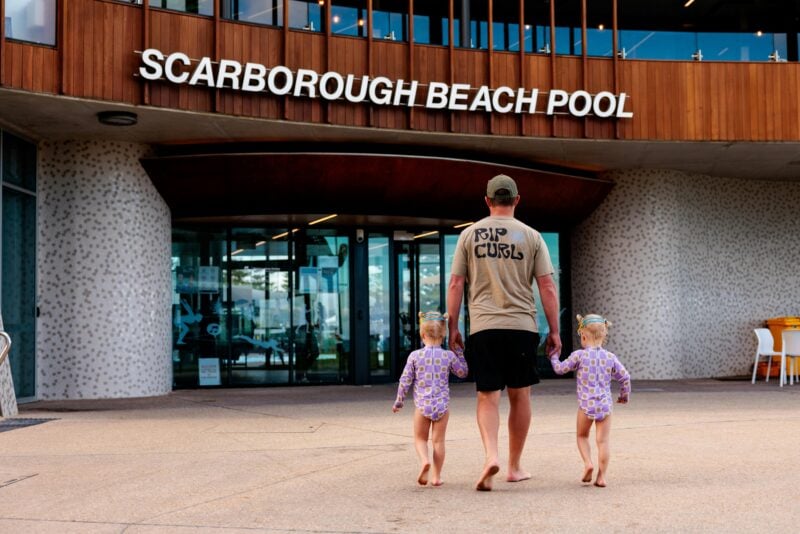 A family entering Scarborough Beach Pool for a fun family friendly activity