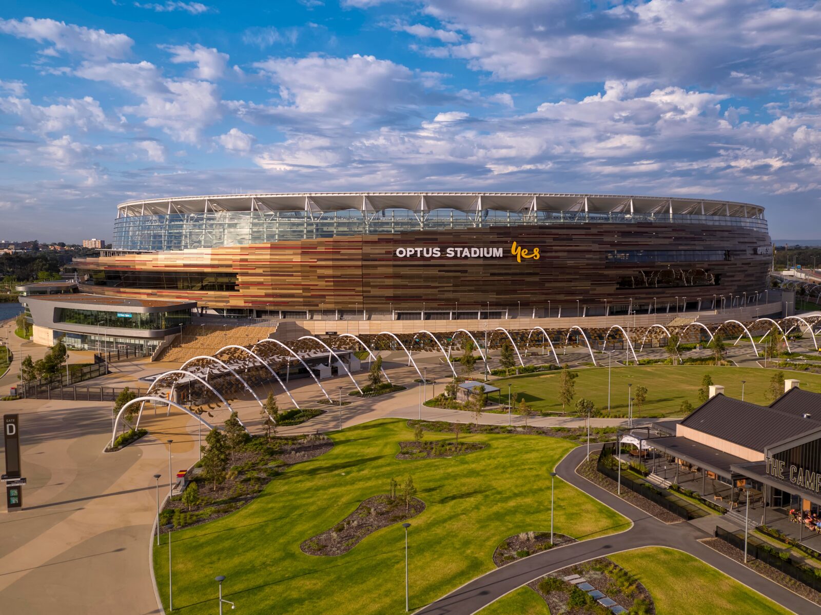 Photo of Optus Stadium and Stadium Park on a sunny day.