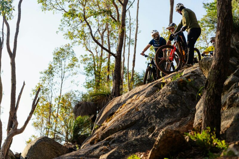 Three mountain bike riders inspect natural features at Toms Crossing Mountain Bike Trails, Dwelligup