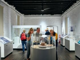 Visitors looking at exhibit