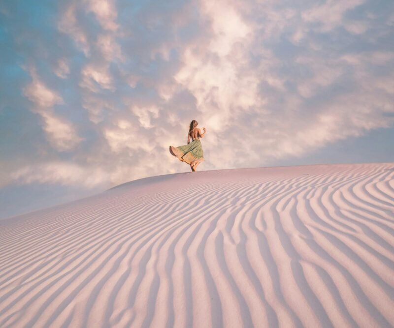 Pink sunset atop a sand dune at Wylie Bay