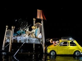 bed and car on water