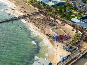 Image taken from above the event of the swimmers and busselton jetty