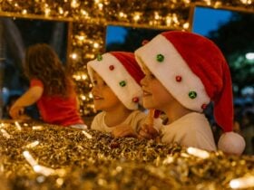 Two young boys in santa hats enjoying the Christmas Lights Trail