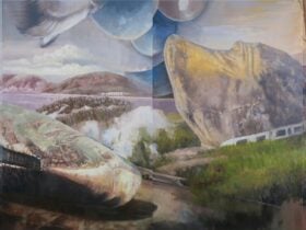 panels of a large-scale painting depicting whaling and Albany landscapes