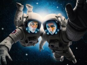 Comedians Colin Lane and Frank Woodley Floating in space looking surprised