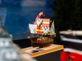 model ship with vibrant sails