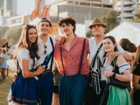 Group at Oktoberfest in sunlight