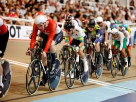 Track cyclists racing at a Velodrome