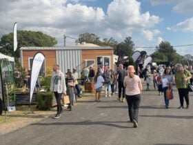 Visitors wandering the tiny home expo