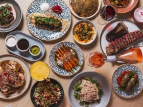 A flat lay photo of colourful dishes of Middle-Eastern stylefood