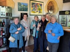 Six Ladies smiling while sampling wine at Jadran Wines Cellar door on a wine tour