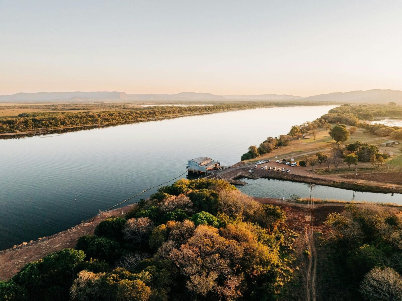 Drone shot of the PumpHouse Kununurra and Lake Kununurra
