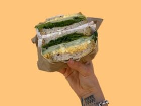 Our curried egg sandwich on multiseed bread, a good fresh and healthy ve option