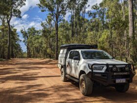 White 4WD camper vehicle on an off-road track in Western Australia