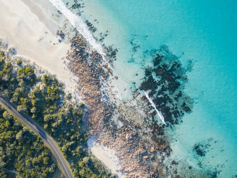 Aerial view of a rugged coastline, where lush green trees frame the entrance to the sea