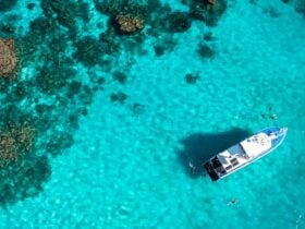 Aerial image of vessel next to Coral Reef