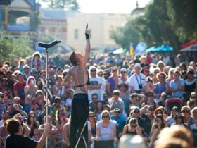 Street performer surrounded by crowds